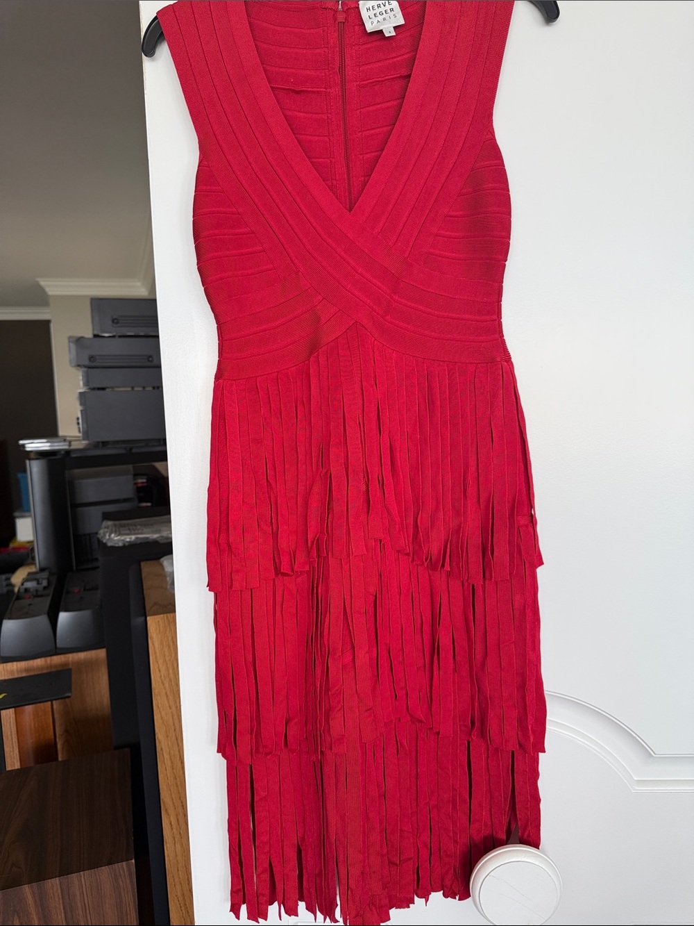 Herve Leger Crimson Red Fringe Bandage Midi Dress - Picture 1 of 4